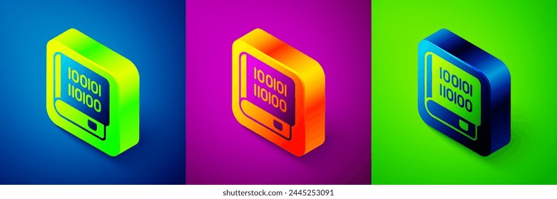 Isometric Books about programming icon isolated on blue, purple and green background. Programming language concept. PHP, CSS, XML, HTML, Javascript learning. Square button. Vector