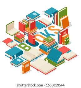 Isometric books, banner for library or bookstore, vector illustration. Typography poster with many different books, closed and open with blank pages. Symbol of knowledge and education, library poster