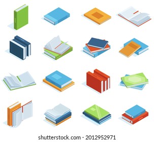 Isometric books. Bookstore or library books, education brochure, encyclopedia, textbooks or classic literature vector illustration set. School isometric books textbook, education and encyclopedia