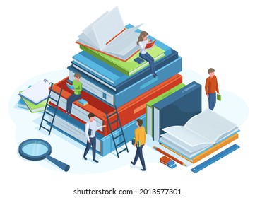 Isometric books concept. Reading people on huge 3d pile of books, male and female characters read books vector illustration. Library isometric concept. Training and studying read books
