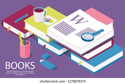 Isometric books. Creative concept for writing or blogging, school education, for web page, banner, social media, documents, posters. Vector illustration for news, copywriting, seminars, tutorial