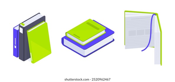 Isometric books. Educational or fantasy literature piles, encyclopedia, school books pile 3d vector illustration set. Open and close textbooks