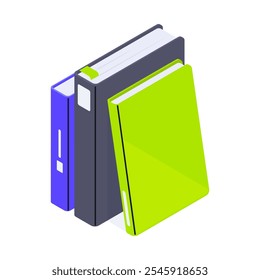 Isometric books. Educational or fantasy literature, encyclopedia or school books pile 3d vector illustration. Isometry books on white