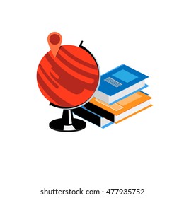 Isometric books, globe and map arrow vector illustration