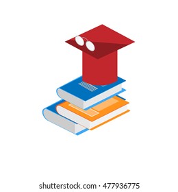 Isometric books and graduate cap vector illustration
