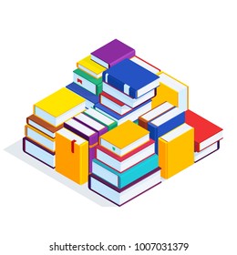Isometric books isolated on white background. 3d stacks of books. Pile of books with bookmarks. Concept of learning. Vector illustration.