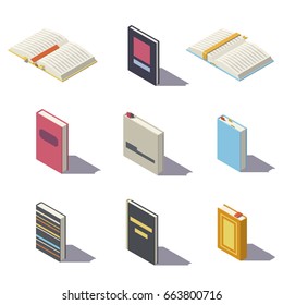 Isometric books isolated on white background.
Vector low poly illustration.