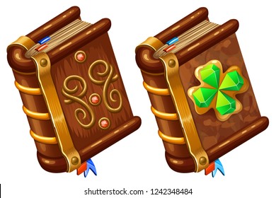 Isometric books of magic spells and witchcraft for computer game decorated four leaf clover for St. Patrick's day with diamonds in cartoon style. Vector illustration. 
