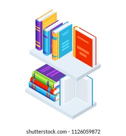 Isometric books on bookshelves. Education or bookstore illustration in flat design style.