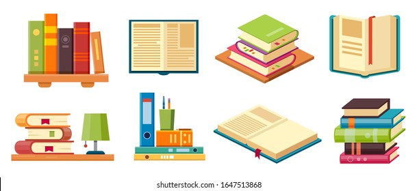 Isometric Books On Shelf, Library Literature Set