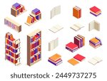 Isometric books. Open and closed book stack, university textbook, encyclopedia, notebook and magazine. Vector 3d education concept. Shelves for bookstore or library, literature for studying