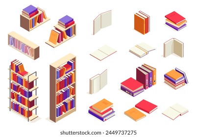 Isometric books. Open and closed book stack, university textbook, encyclopedia, notebook and magazine. Vector 3d education concept. Shelves for bookstore or library, literature for studying