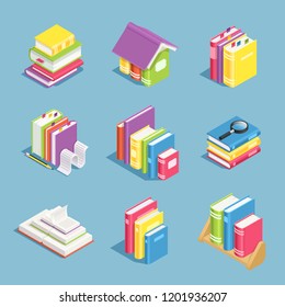 Isometric books. Pile of book, open and closed textbooks. Library and school education textbook or office paper work, books stack for wisdom, standing notebook 3d vector isolated icons set