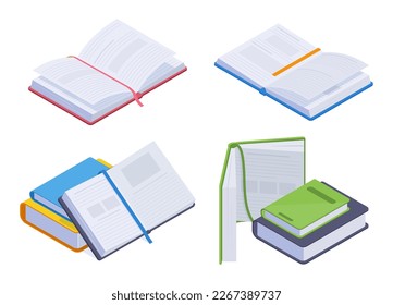 Isometric books piles. Educational or fantasy literature, encyclopedia, school books pile, open textbook 3d vector illustration set