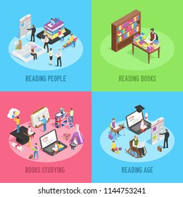 Isometric books reading. Educated people, school child studying schoolbook, business learning and creative art student read internet newspaper or library tablet book 3d vector concept illustration