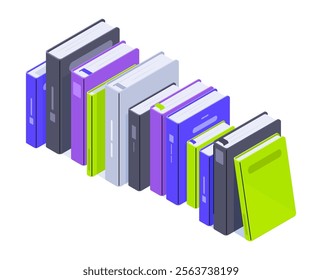 Isometric books in row. Educational or fantasy literature, encyclopedia or school books pile 3d vector illustration. Colorful isometry books on white