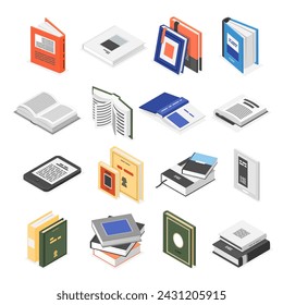 Juego de libros isométricos. Icono del libro 3d, cuadernos y libro de texto. Símbolos para la escuela, la universidad, la universidad. Elementos de librería o biblioteca, clipart vector impecable