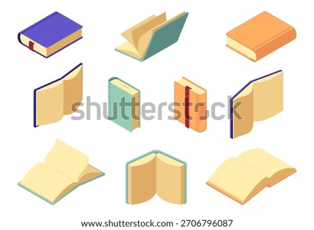 Isometric books set with empty pages and bookmark. Vector open and closed publication and encyclopedias. Studying and education process. Volume with recipes for cooking or journal, personal diary