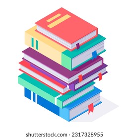 Isometric books stack. Different literature, 3d book pile, reading and education, school or college concept vector illustration. Literature educational books