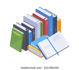 Isometric books stack, educational or fantasy literature. Encyclopedia, school books pile, textbook 3d vector illustration set. Book piles collection
