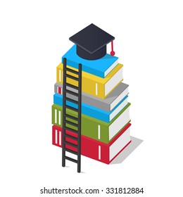 
Isometric Books stack with graduate cap on top and ladder over heap of books. Steps to knowledge in university and college classes. Education vector flat illustration.