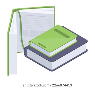 Isometric books stack. School books pile, encyclopedia and textbook, fiction, fantasy or educational literature, bookstore 3d vector illustration