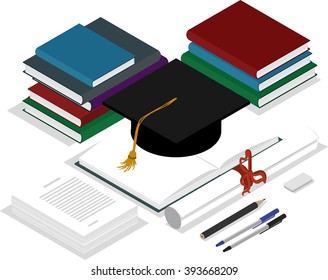 Isometric books. Vector illustration. Table for writer student