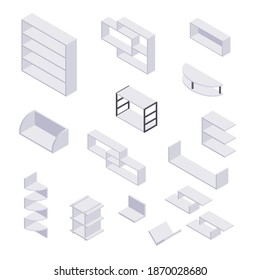 isometric Bookshelf collection. Various cases and book shelves for home and store interior design. Empty grey wooden furniture for home and shop storage in vector illustration.