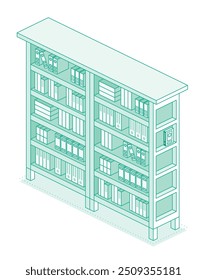 Estante isométrica com livros diferentes. Estilo de contorno com linhas verdes. Ilustração vetorial. Biblioteca. Detalhe de livraria.