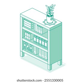 Isometric bookshelf with houseplant. Outline style with green lines. Vector illustration.