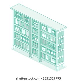 Isometric bookshelf. Outline style with green lines. Vector illustration.