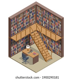 Isometric Bookshelves in the Library. Books in public library. Learning and education concept.
