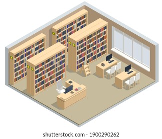 Isometric Bookshelves In The Library. Books In Public Library. Learning And Education Concept. Technology E-learning School