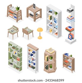 Isometric bookshelves. Library furniture, shelf and chairs. Book piles on shelves. School or university, bookstore equipment. Interior flawless vector elements