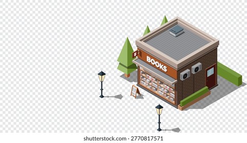 Isometric bookshop. Bookstore. Isometric vector bookshop building. Isometric exterior of bookshop. Isometric of street shop building