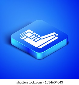 Isometric Boots icon isolated on blue background. Diving underwater equipment. Blue square button. Vector Illustration