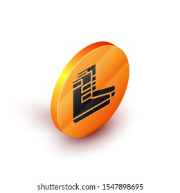 Isometric Boots icon isolated on white background. Diving underwater equipment. Orange circle button. Vector Illustration