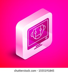 Isometric Bot icon isolated on pink background. Computer monitor and robot icon. Silver square button. Vector Illustration