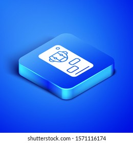Isometric Bot icon isolated on blue background. Robot icon. Blue square button. Vector Illustration
