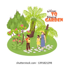 Isometric botanical garden background with view of wild nature park walking human characters and ornate text vector illustration