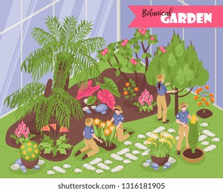 Isometric botanical garden composition with editable ornate text and indoor view of greenhouse with young naturalists vector illustration