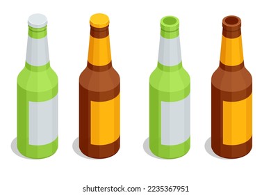 Isometric Bottle of beer with drops. Glass of beer and Bottle of beer isolated. Alcoholic drink. rewing, Craft beer brewing