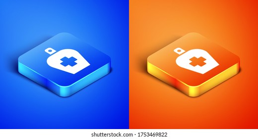 Isometric Bottle of liquid antibacterial soap with dispenser icon isolated on blue and orange background. Antiseptic. Disinfection, hygiene, skin care. Square button. Vector Illustration