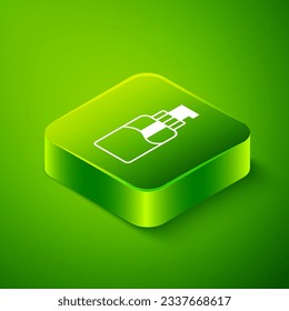 Isometric Bottle of liquid antibacterial soap with dispenser icon isolated on green background. Disinfection, hygiene, skin care concept. Green square button. Vector