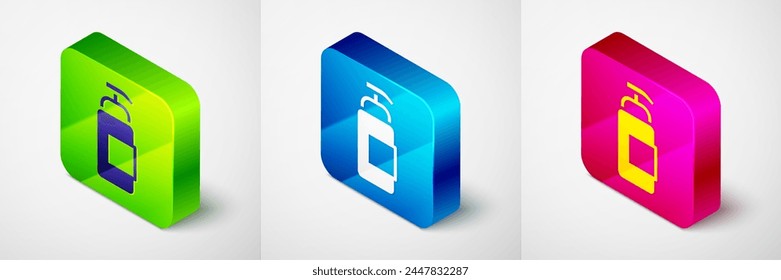 Isometric Bottle of liquid antibacterial soap with dispenser icon isolated on grey background. Antiseptic. Disinfection, hygiene, skin care. Square button. Vector