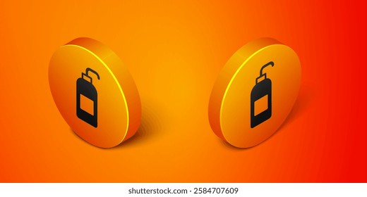 Isometric Bottle of liquid antibacterial soap with dispenser icon isolated on orange background. Antiseptic. Disinfection, hygiene, skin care. Orange circle button. Vector