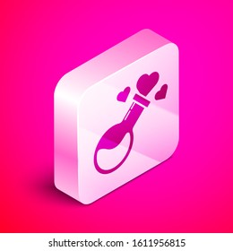 Isometric Bottle with love potion icon isolated on pink background. Valentines day symbol. Silver square button. Vector Illustration