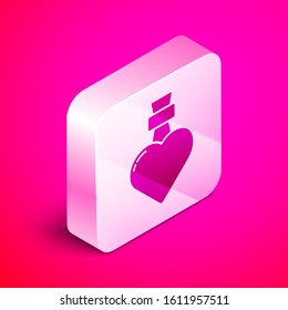 Isometric Bottle with love potion icon isolated on pink background. Valentines day symbol. Silver square button. Vector Illustration