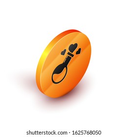 Isometric Bottle with love potion icon isolated on white background. Valentines day symbol. Orange circle button. Vector Illustration