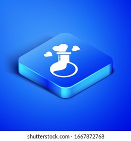 Isometric Bottle with love potion icon isolated on blue background. Valentines day symbol. Blue square button. Vector Illustration